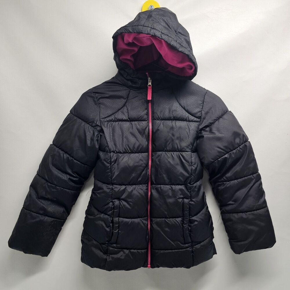 Girls Wonder Nation Black Puffer Jacket Hooded Pink Zip Size M 8–10 Warm